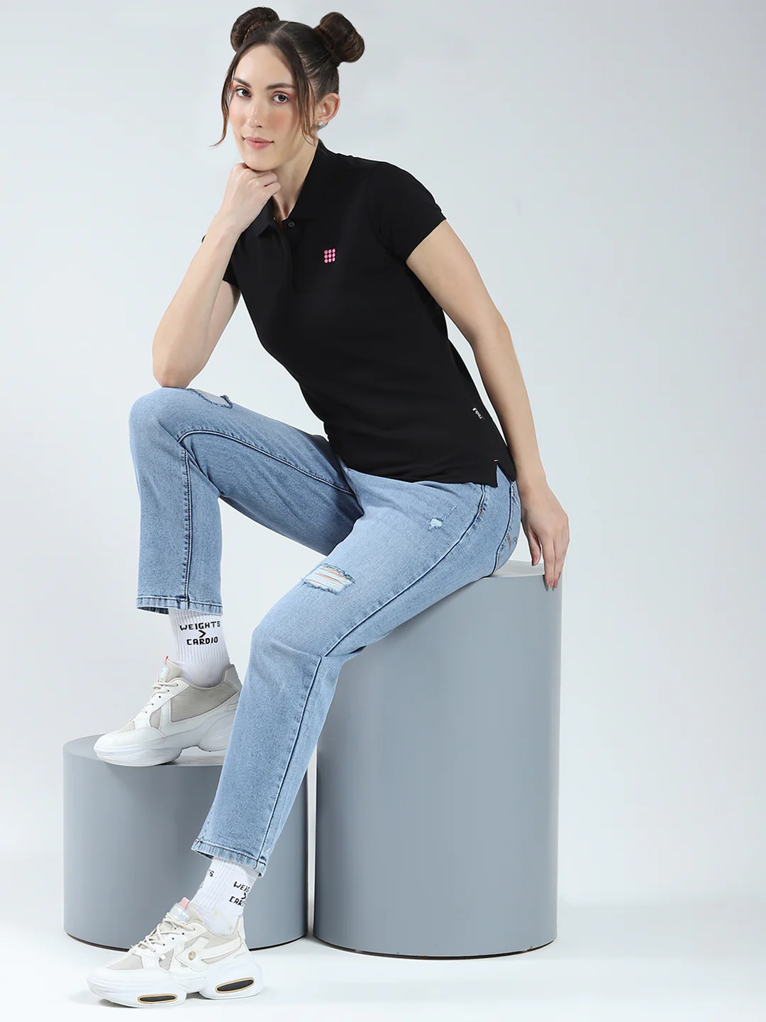 Rock.it Women Black Solid Collar Half Sleeve T-Shirt - Image 2