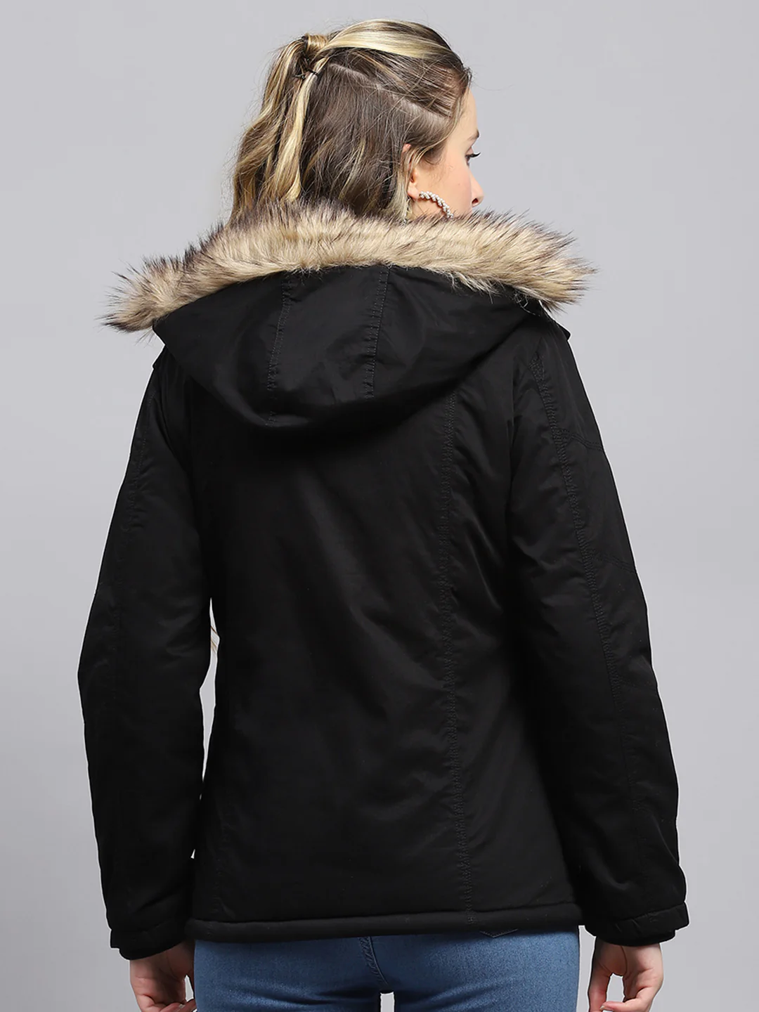 Women Black Solid Detachable Hood Full Sleeve Jacket - Image 5