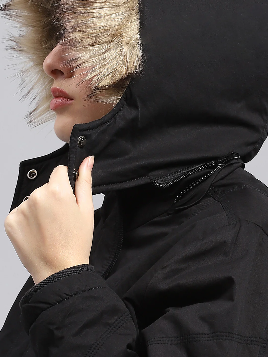 Women Black Solid Detachable Hood Full Sleeve Jacket - Image 8