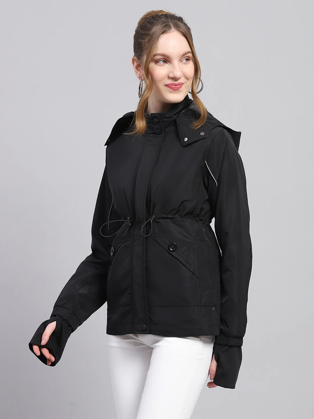 Women Black Solid Detachable Hood Full Sleeve Jacket - Image 3