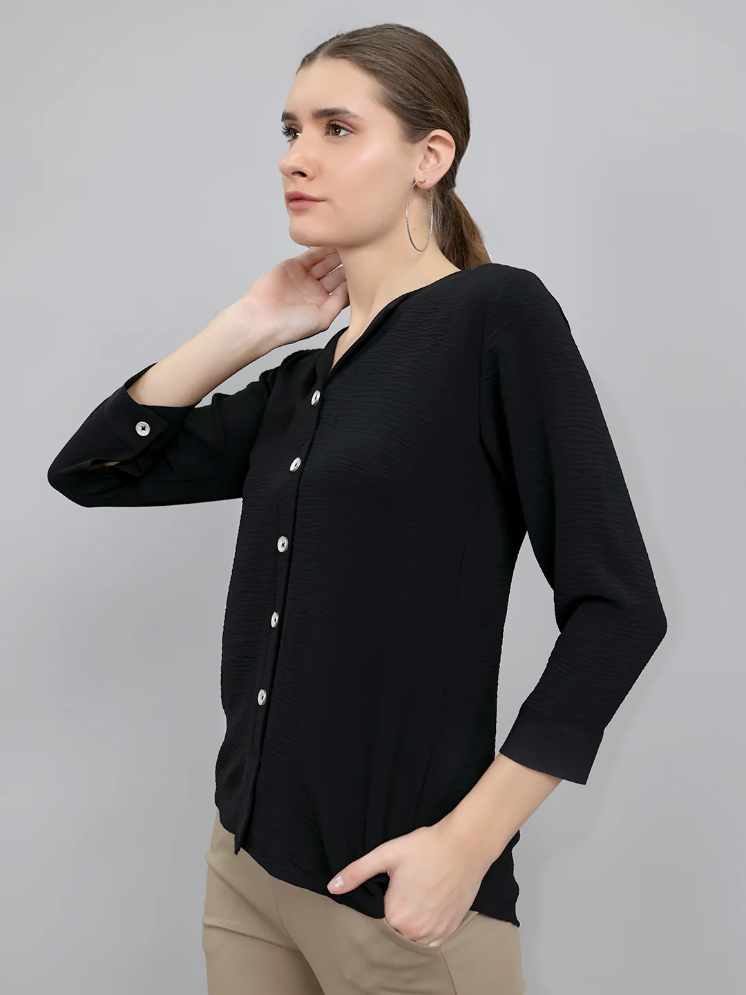 Women Black Solid Fashion Neck 3/4th Sleeve Top - Image 2