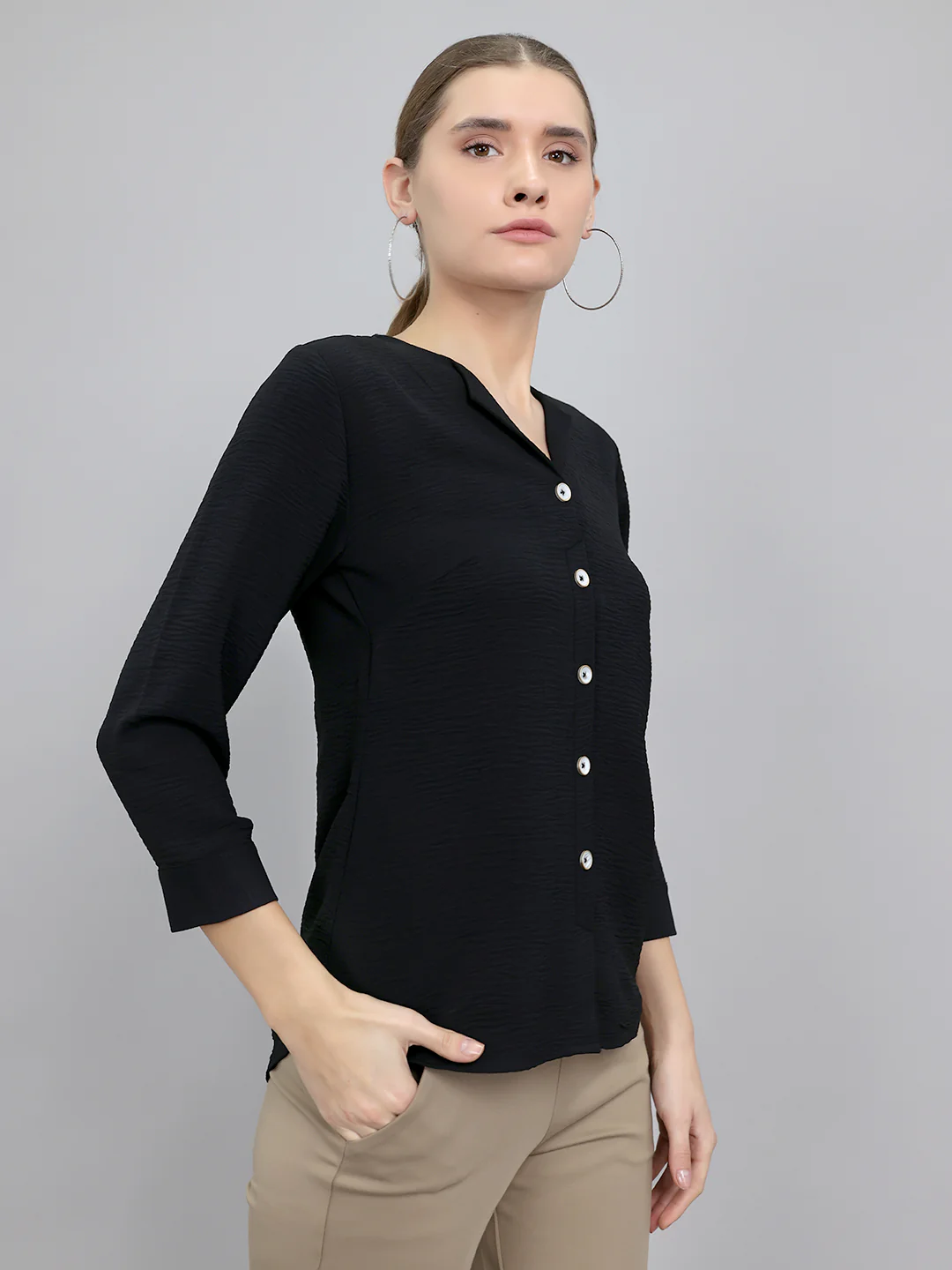 Women Black Solid Fashion Neck 3/4th Sleeve Top - Image 3