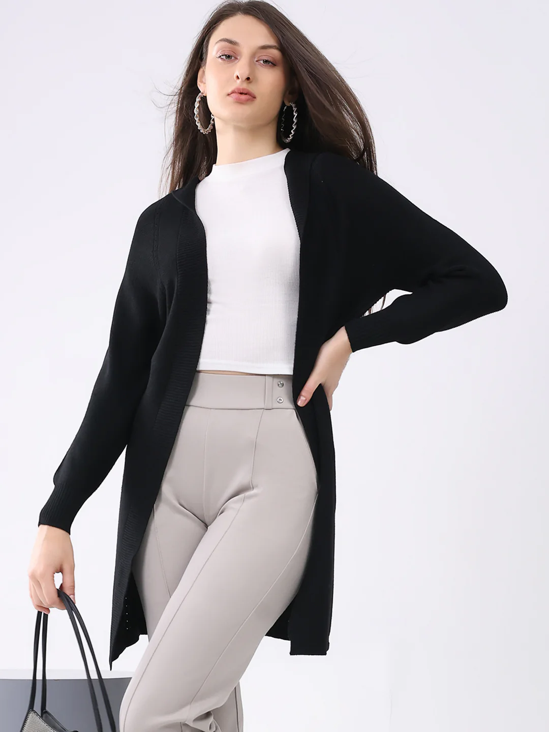 Women Black Solid Front Open Full Sleeve Cardigan - Image 6