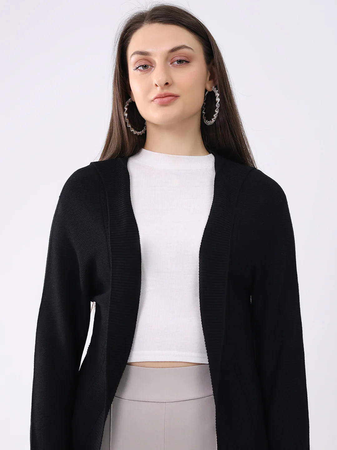 Women Black Solid Front Open Full Sleeve Cardigan - Image 7
