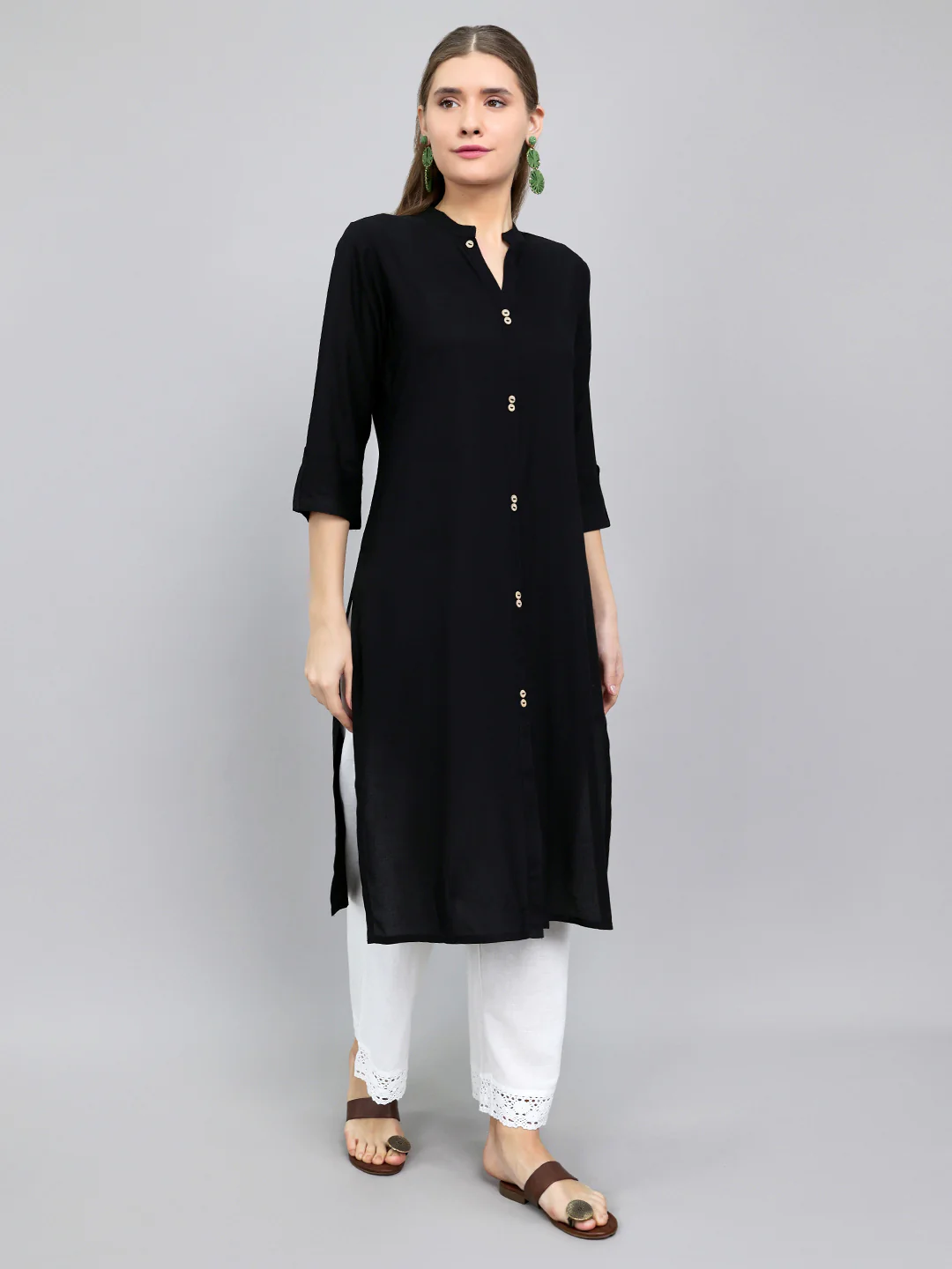Women Black Solid Henley Neck 3/4th Sleeve Kurti - Image 3