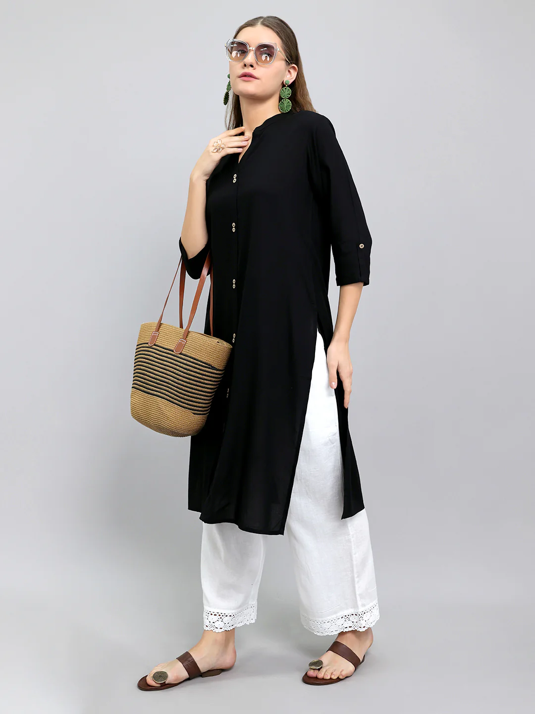 Women Black Solid Henley Neck 3/4th Sleeve Kurti - Image 6