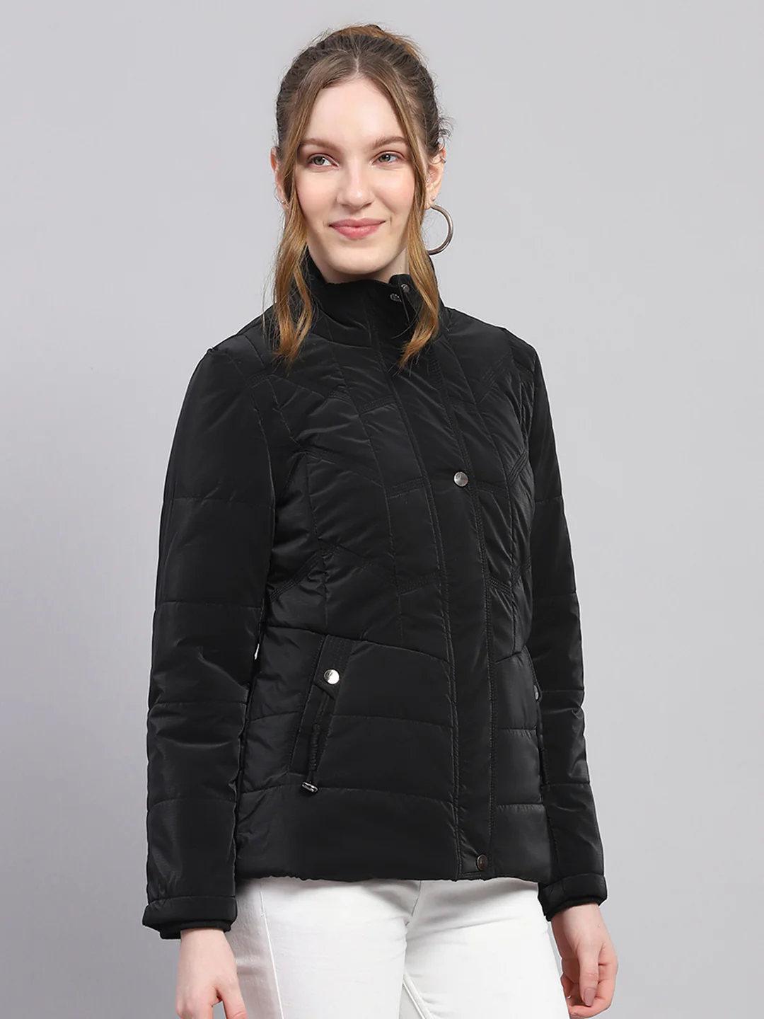 Women Black Solid High Neck Full Sleeve Jacket - Image 4