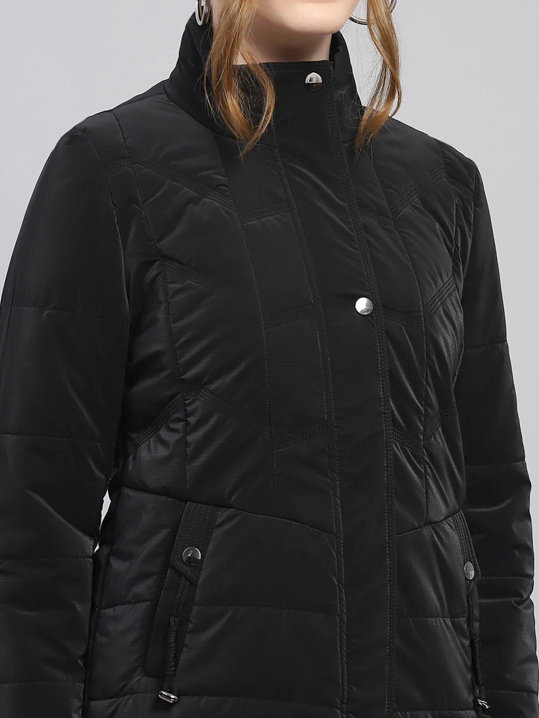 Women Black Solid High Neck Full Sleeve Jacket - Image 6