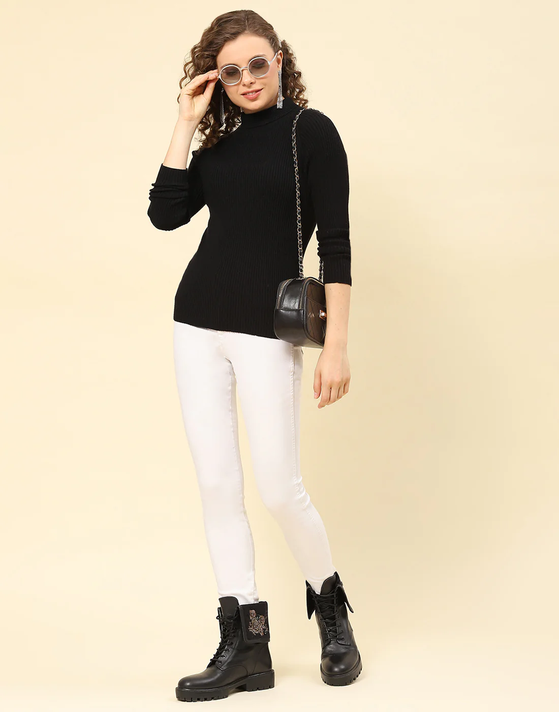 Women Black Solid High Neck Full Sleeve Sweater - Image 2