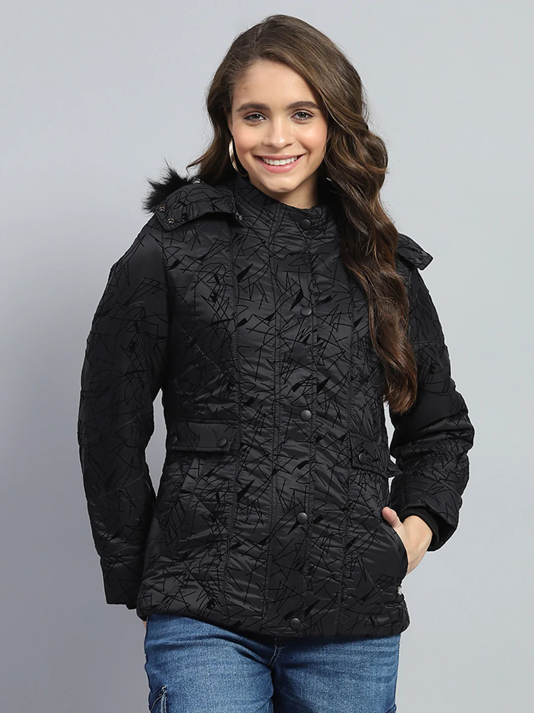 Women Black Solid Hooded Full Sleeve Jacket - Image 2