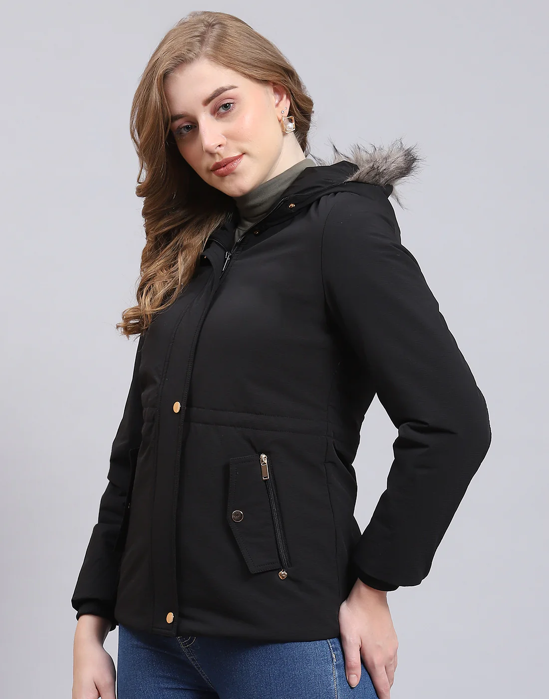 Women Black Hooded Jacket with Attached Inflatable Neck Pillow - Image 3