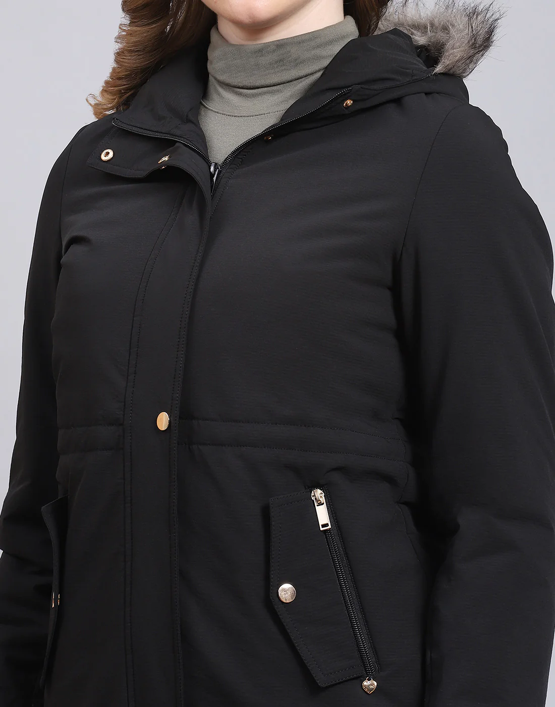 Women Black Hooded Jacket with Attached Inflatable Neck Pillow - Image 7