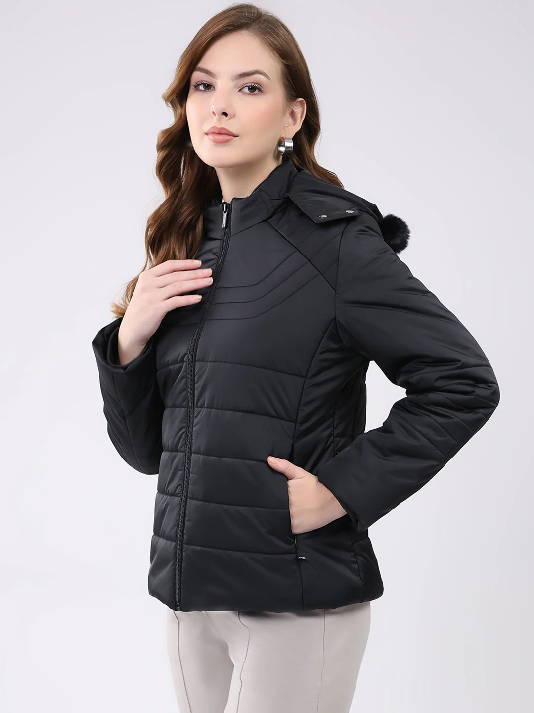 Women Black Solid Hooded Full Sleeve Jacket - Image 3