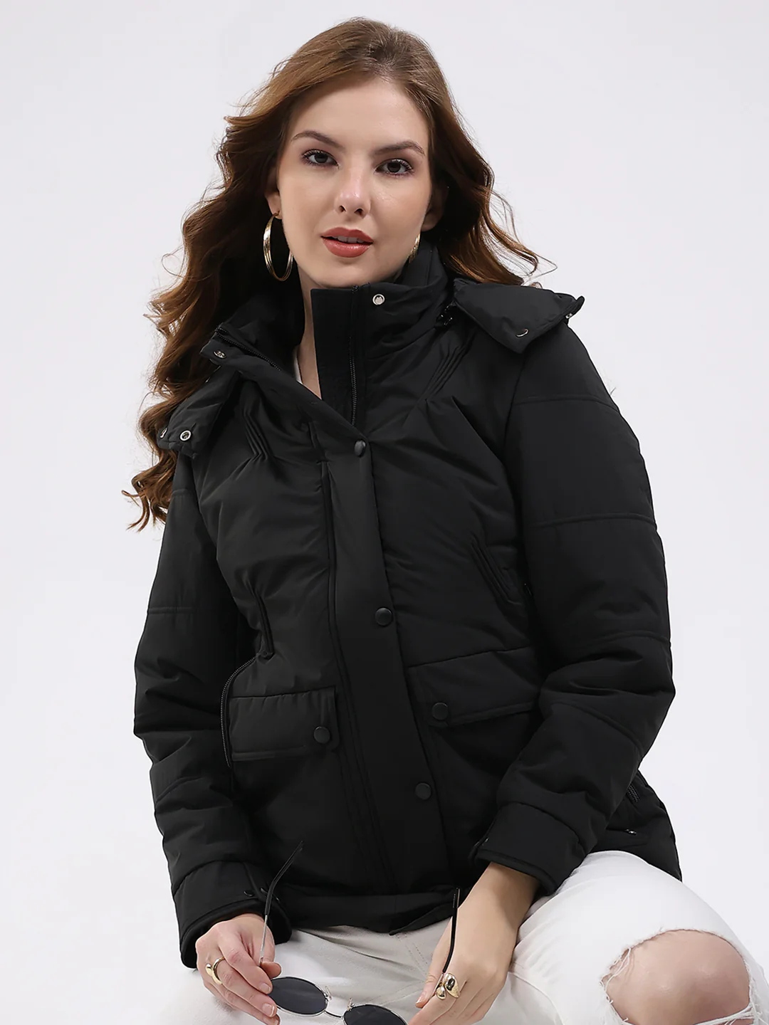 Women Black Solid Hooded Full Sleeve Jacket - Image 6
