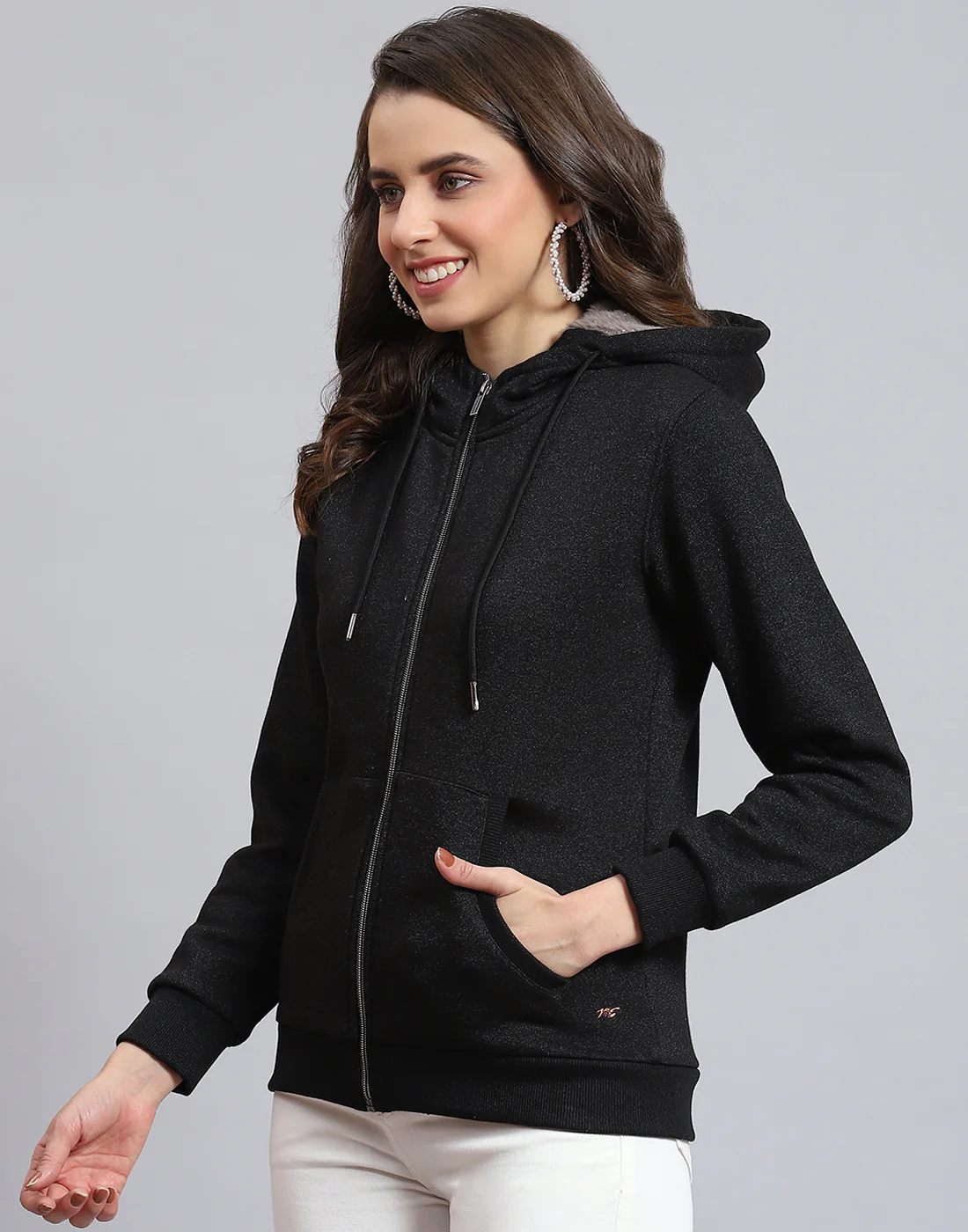 Women Black Solid Hooded Full Sleeve Sweatshirt - Image 4