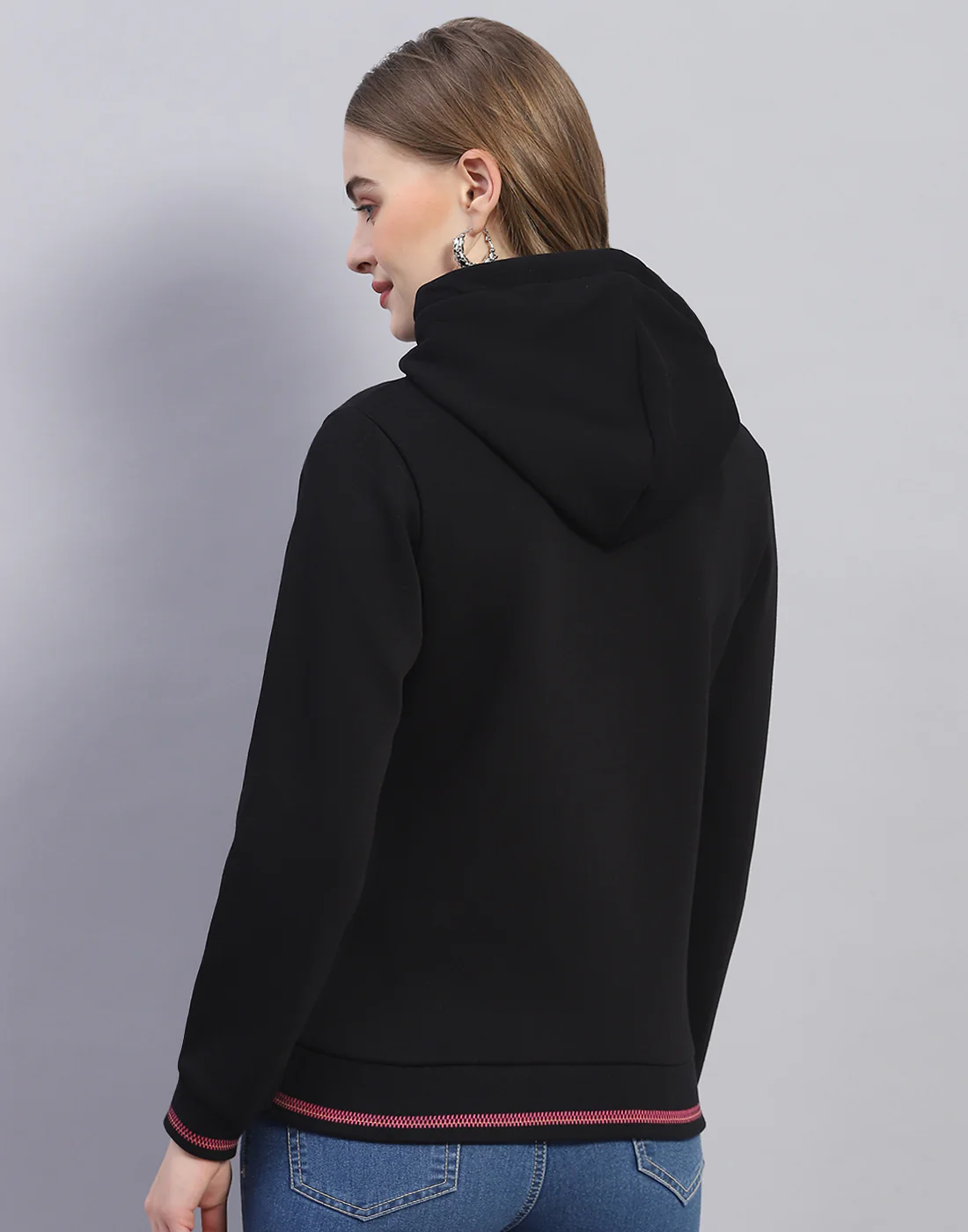 Women Black Solid Hooded Full Sleeve Sweatshirt - Image 5
