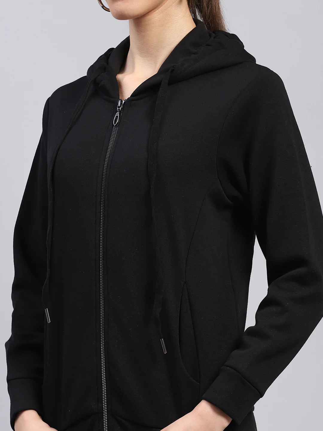 Women Black Solid Hooded Full Sleeve Sweatshirt - Image 6