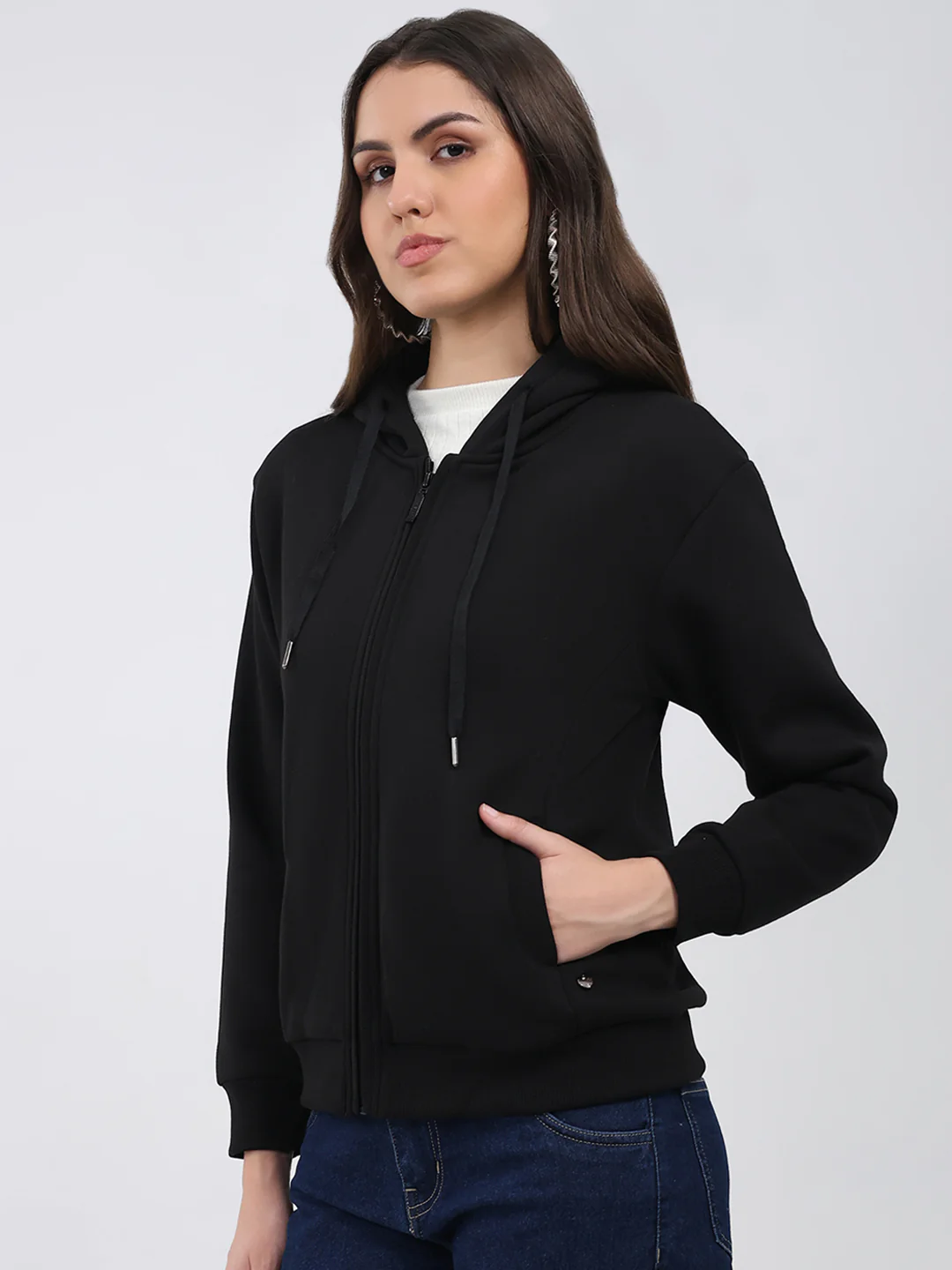 Women Black Solid Hooded Full Sleeve Sweatshirt - Image 3