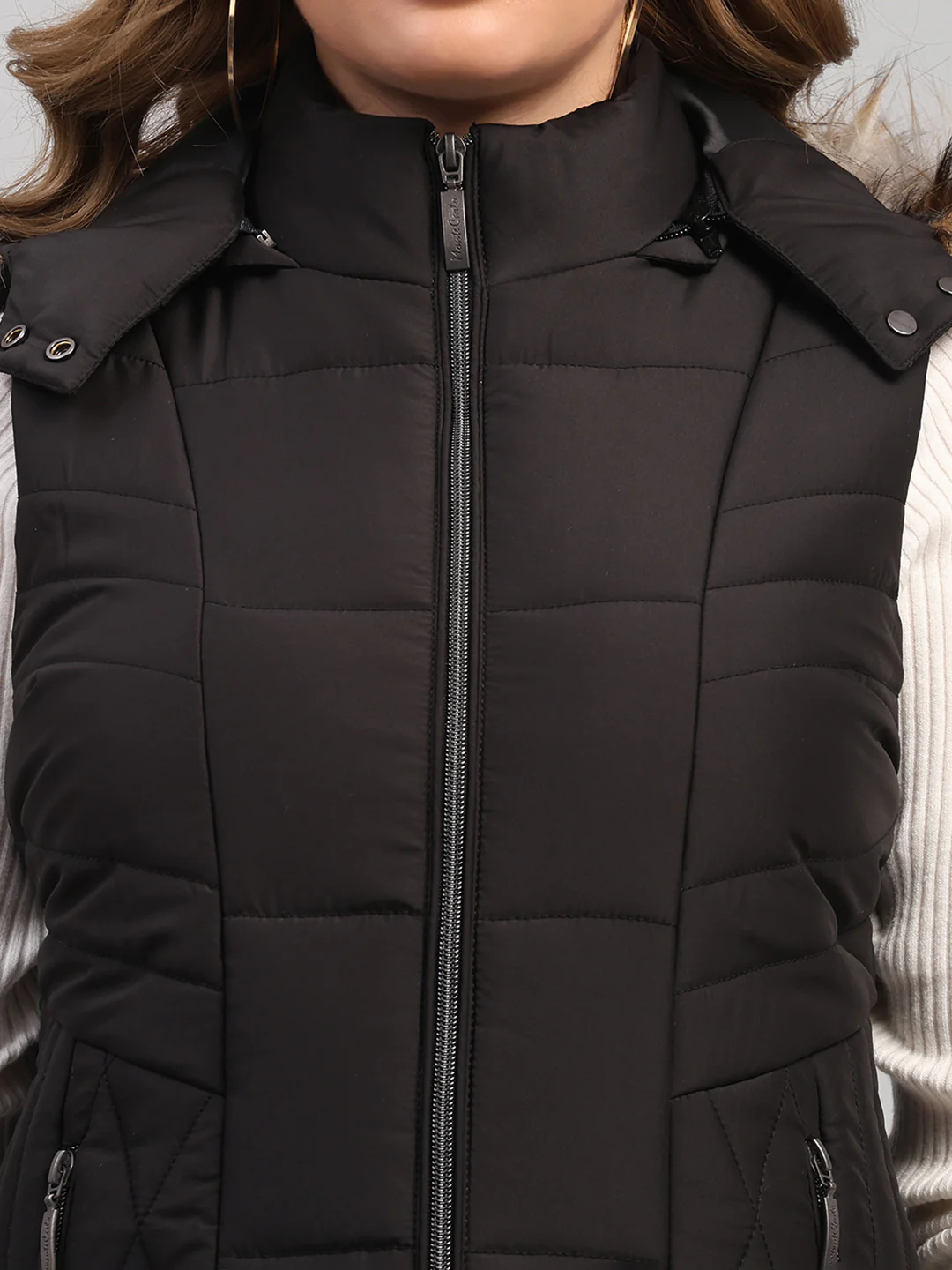 Women Black Solid Hooded Sleeveless Jacket - Image 7