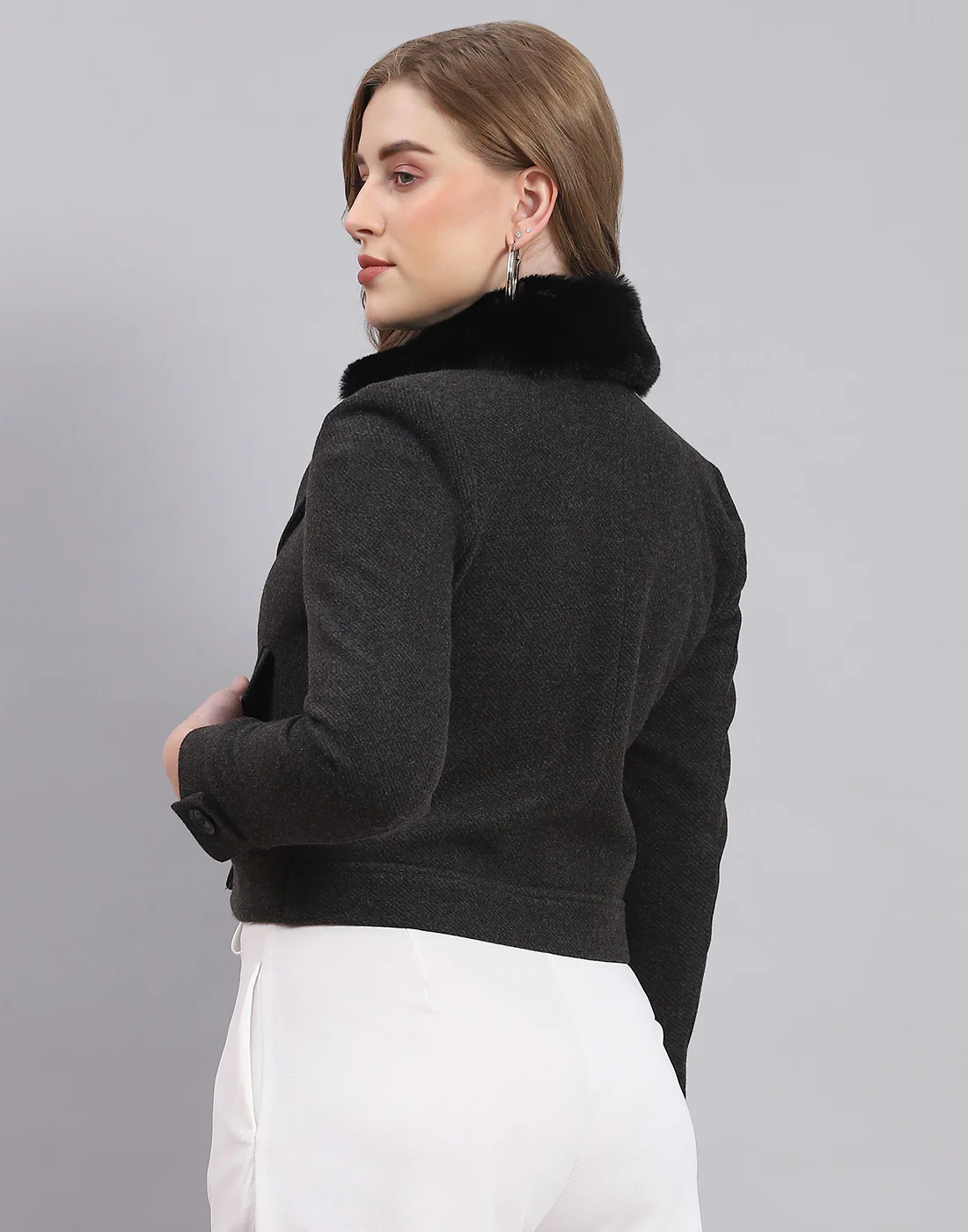 Women Black Solid Lapel Collar Full Sleeve Coat - Image 6