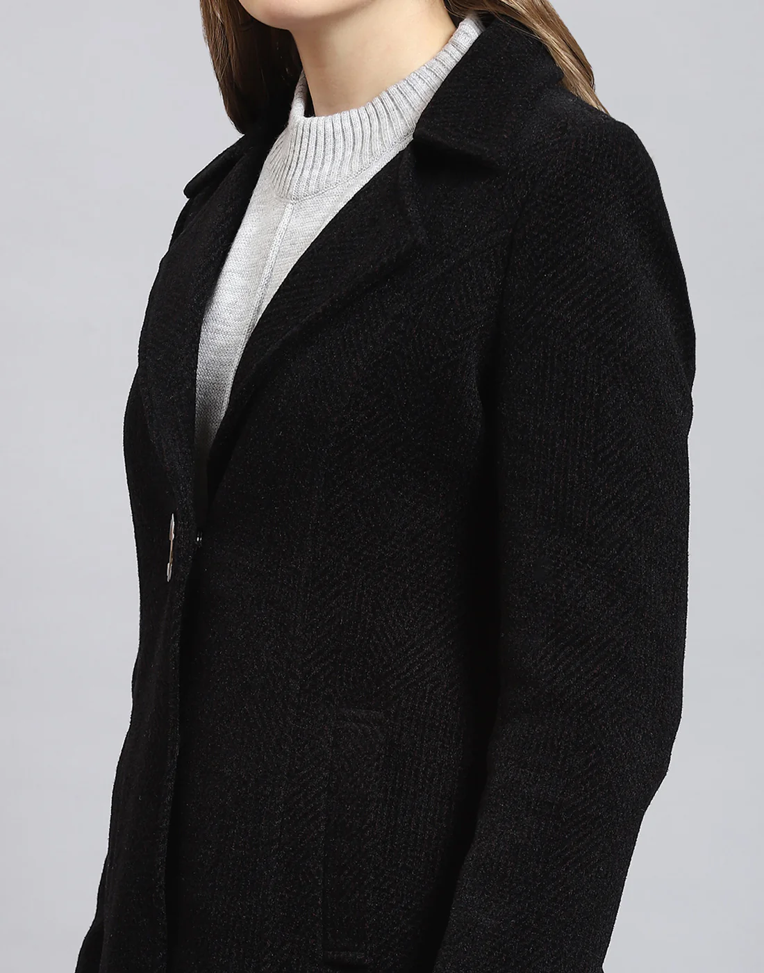 Women Black Solid Lapel Collar Full Sleeve Coat - Image 7