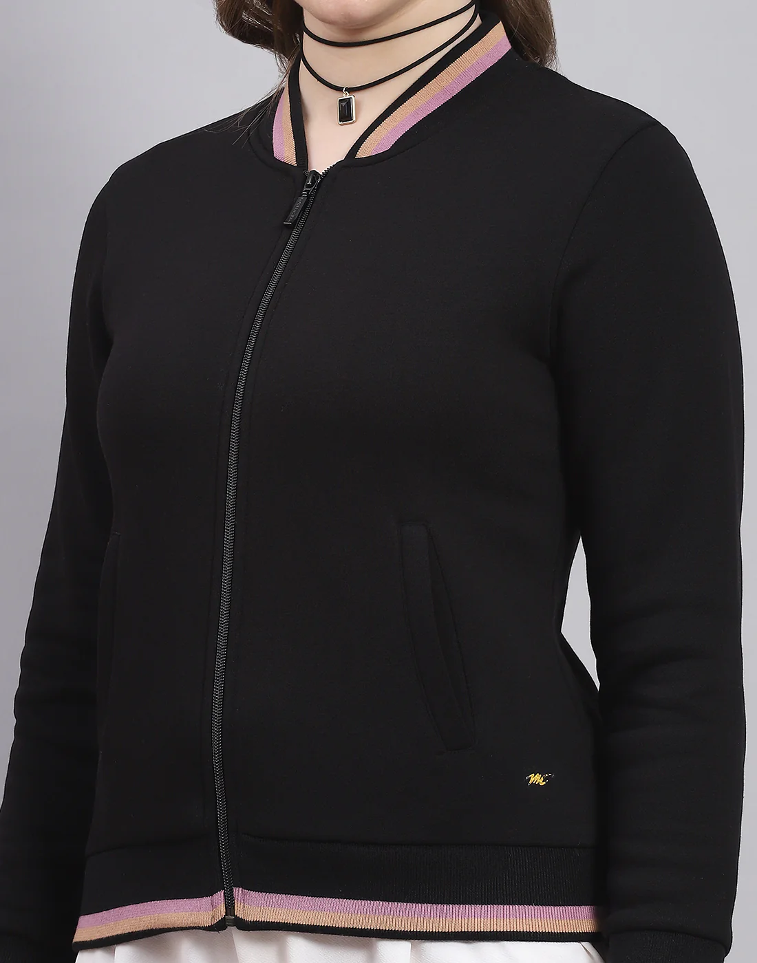 Women Black Solid Mandarin Collar Full Sleeve Sweatshirt - Image 7