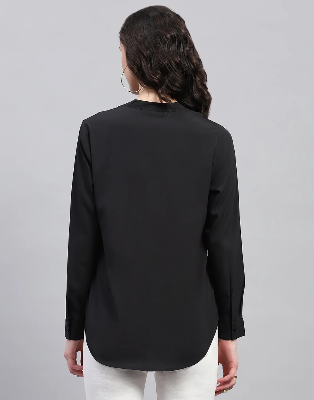 Women Black Solid Mandarin Collar Full Sleeve Top - Image 5