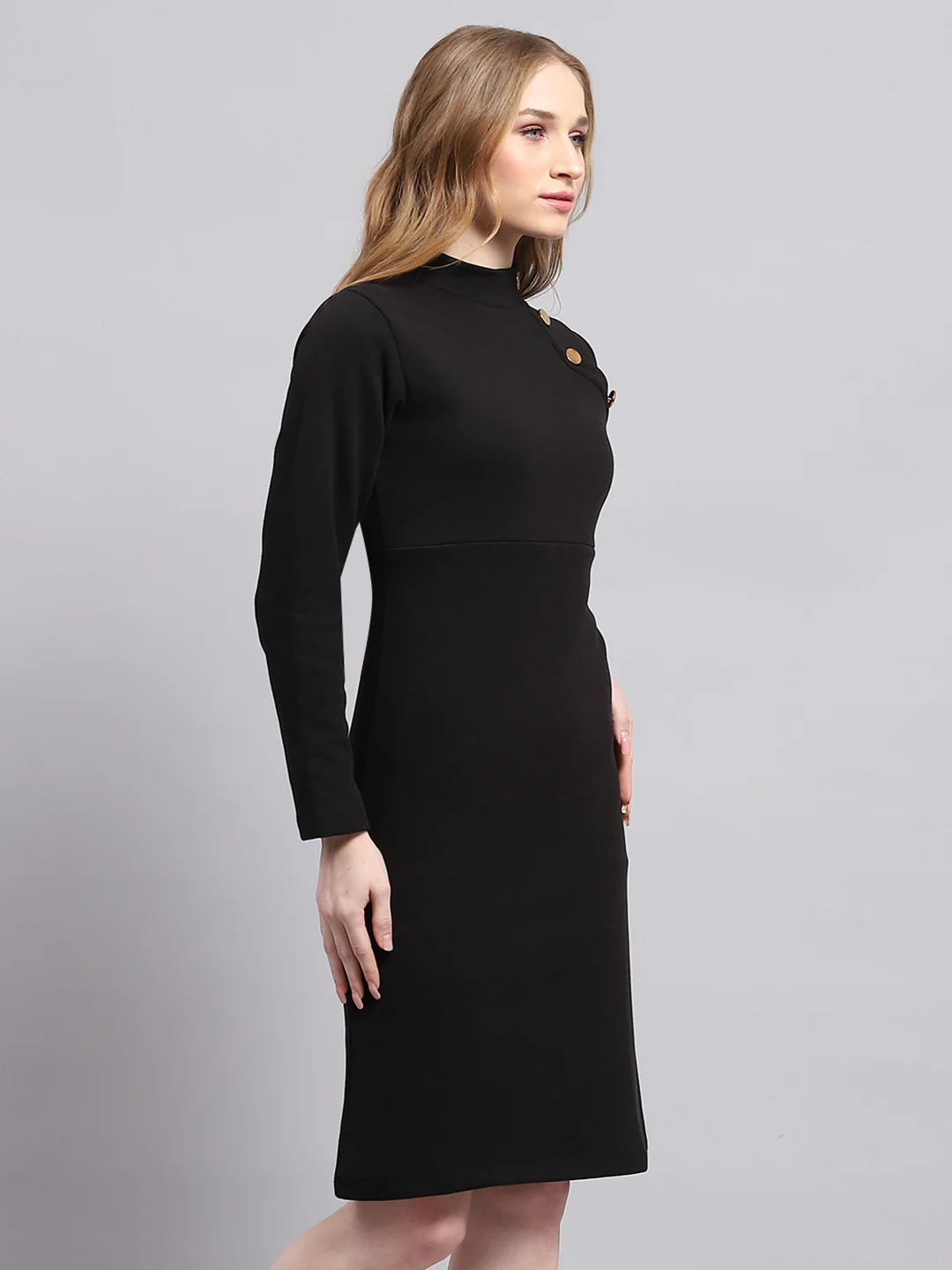 Women Black Solid Mock Neck Full Sleeve Dress - Image 4
