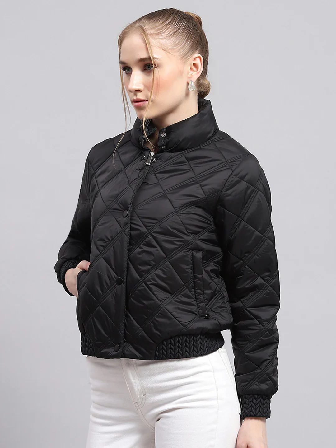 Women Black Solid Mock Neck Full Sleeve Jacket - Image 3