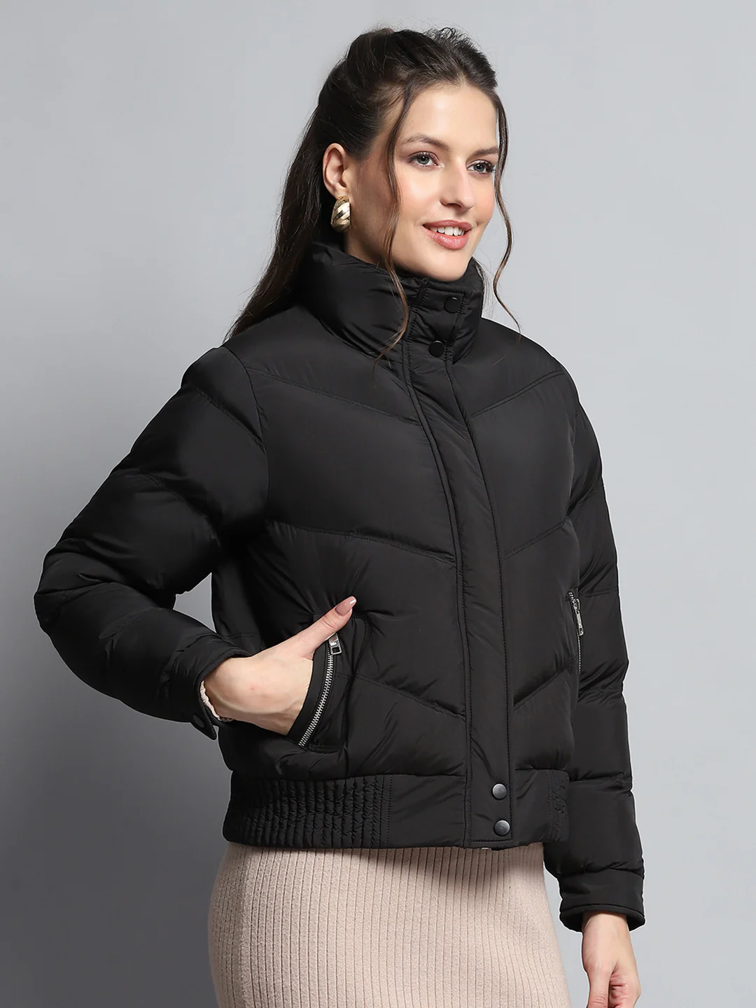 Women Black Solid Mock Neck Full Sleeve Jacket - Image 4