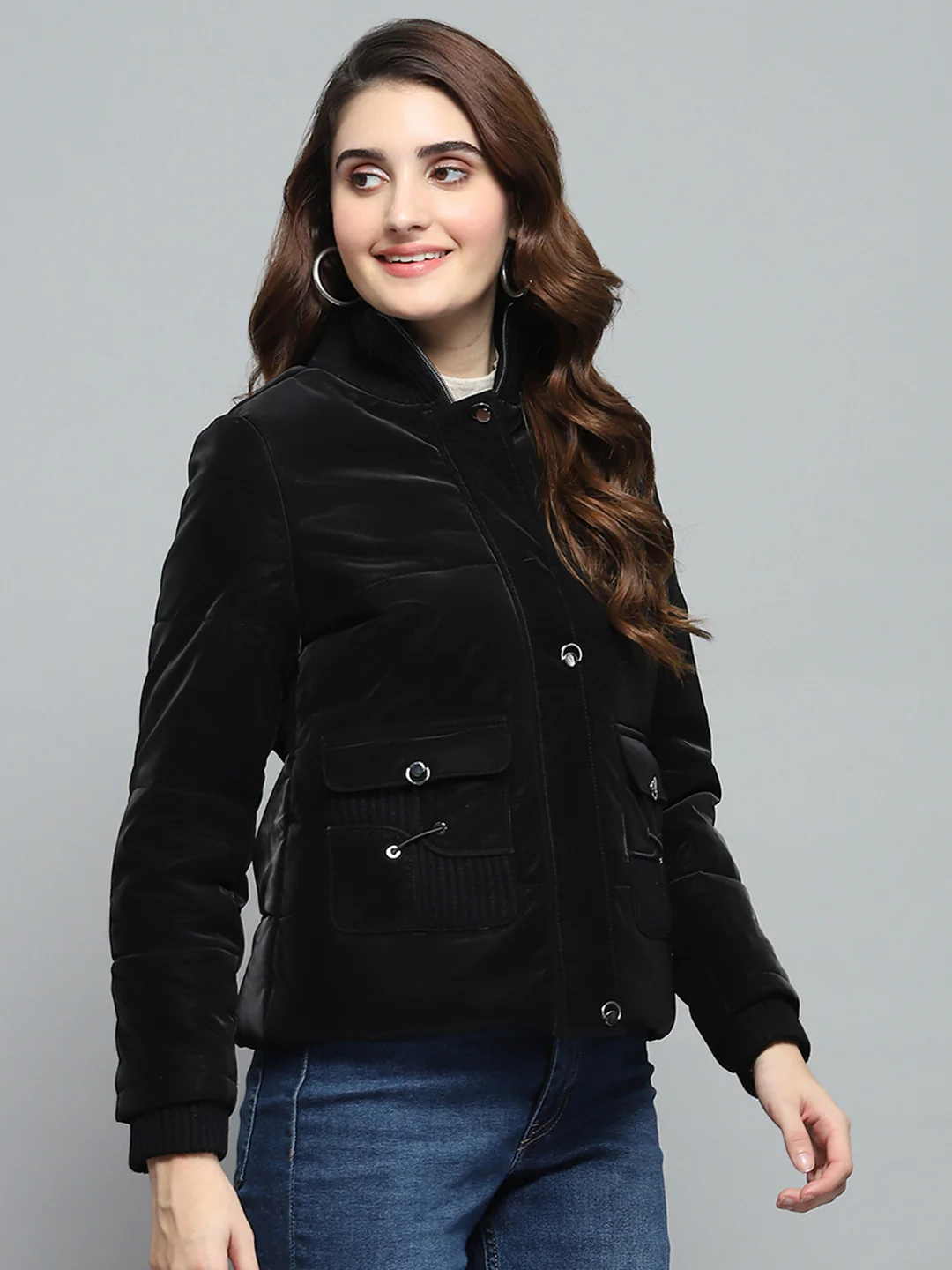 Women Black Solid Mock Neck Full Sleeve Jacket - Image 4