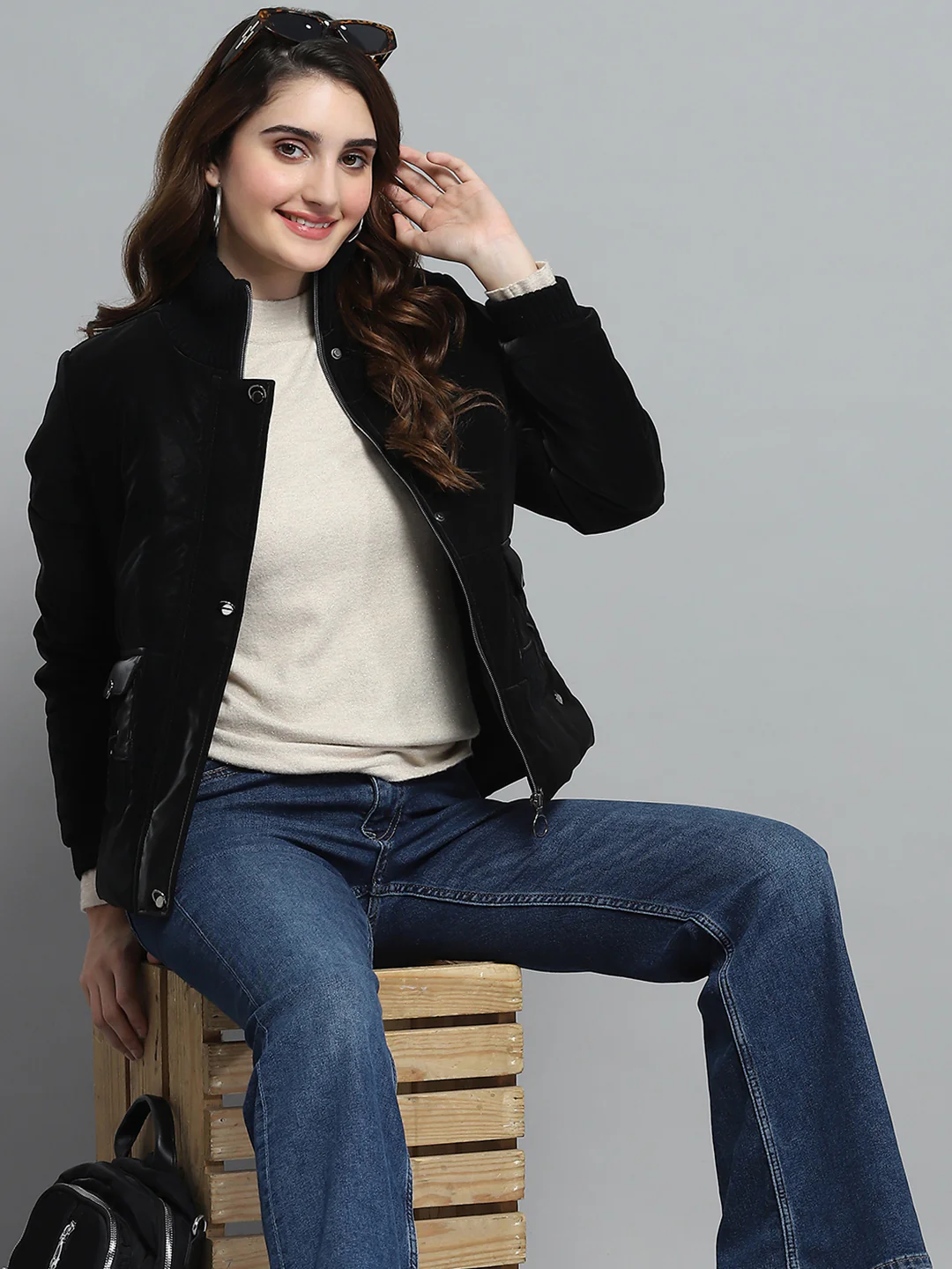 Women Black Solid Mock Neck Full Sleeve Jacket - Image 6