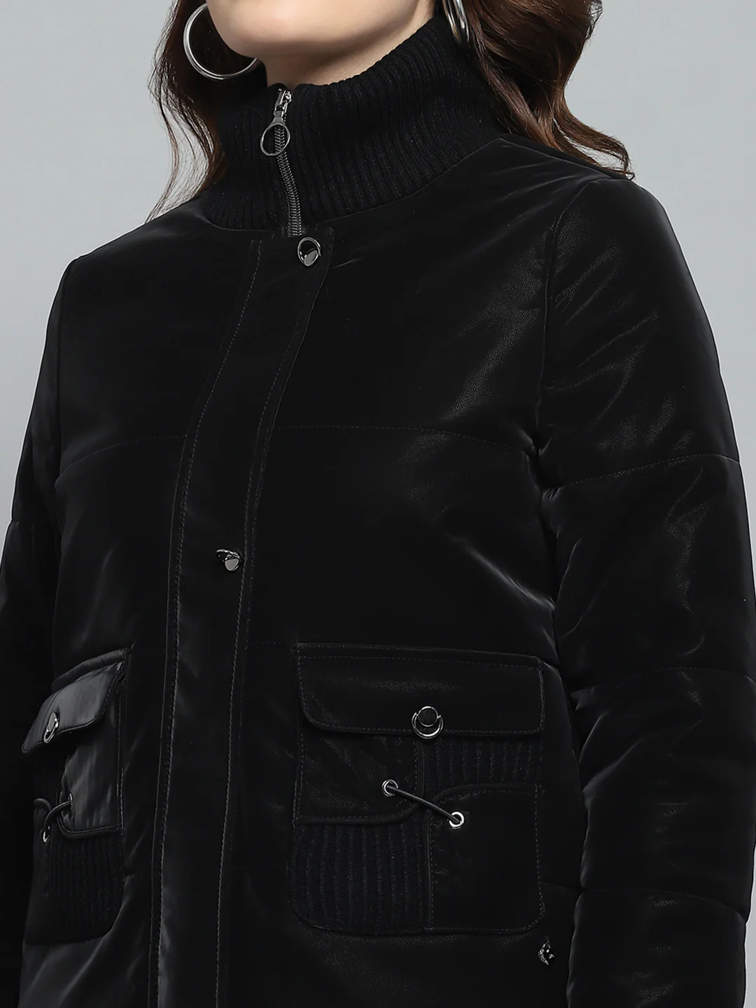 Women Black Solid Mock Neck Full Sleeve Jacket - Image 7