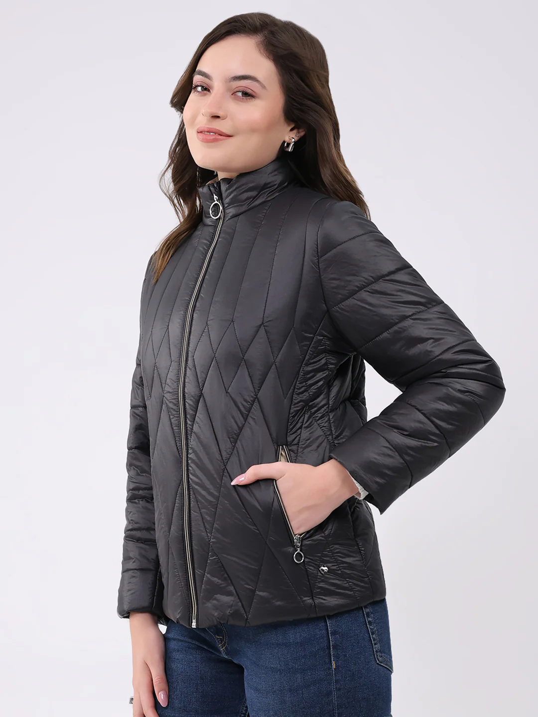 Women Black Solid Mock Neck Full Sleeve Jacket - Image 3