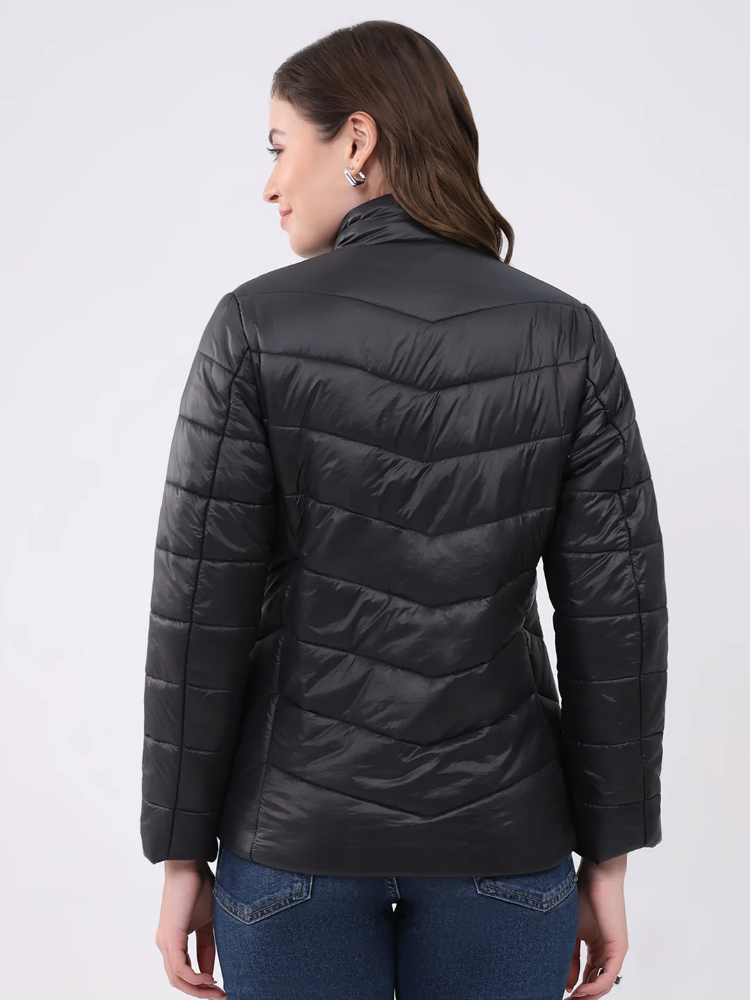 Women Black Solid Mock Neck Full Sleeve Jacket - Image 5