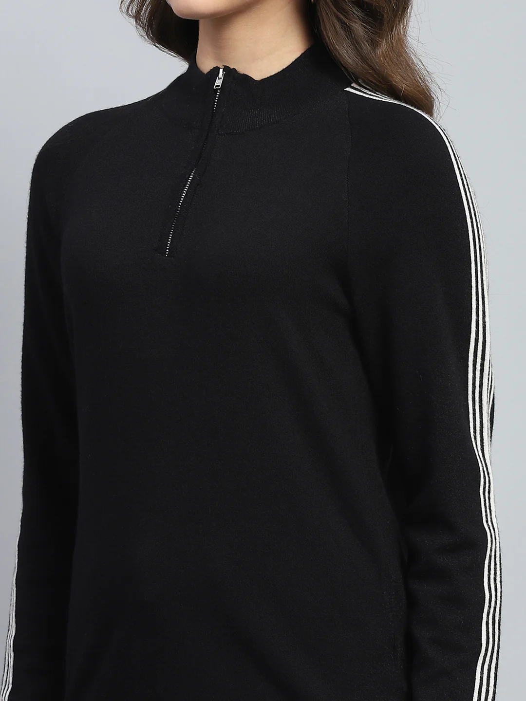 Women Black Solid Mock Neck Full Sleeve Pullover - Image 6