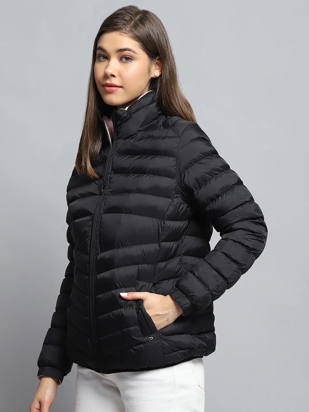 Women Black Solid Mock Neck Full Sleeve Reversible Jacket - Image 3