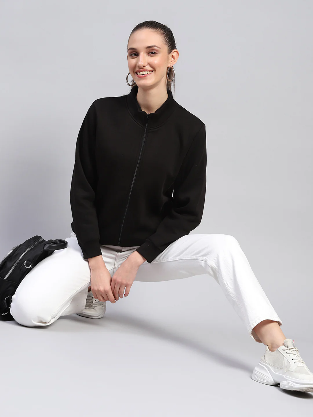 Women Black Solid Mock Neck Full Sleeve Sweatshirt - Image 2