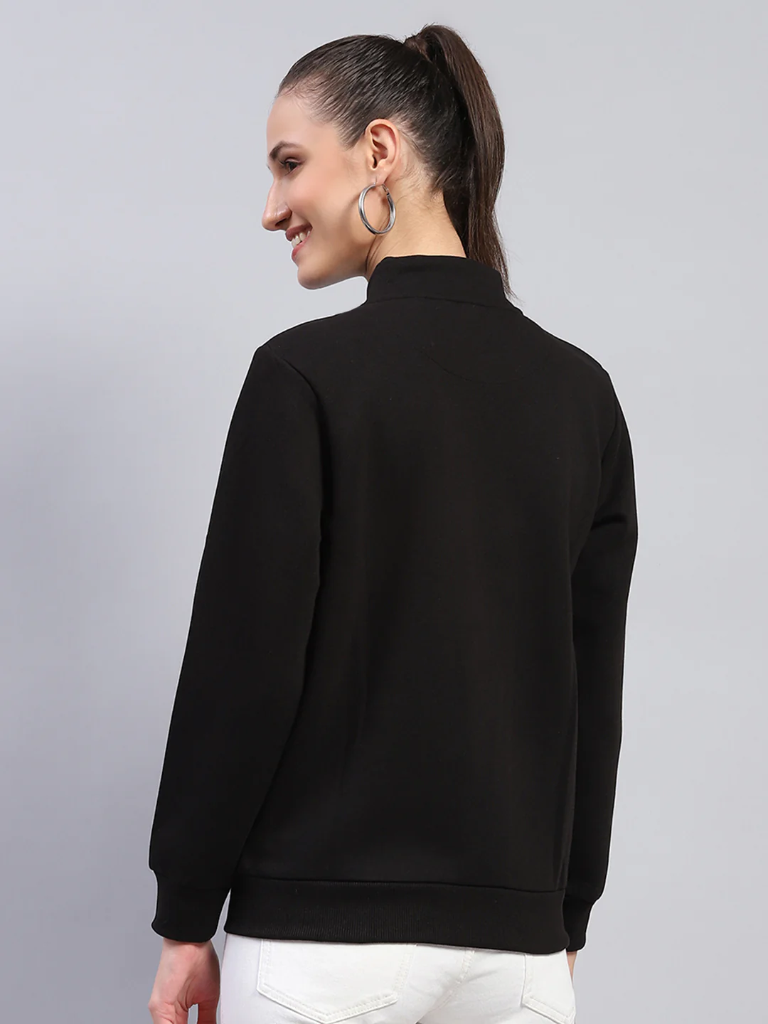 Women Black Solid Mock Neck Full Sleeve Sweatshirt - Image 5