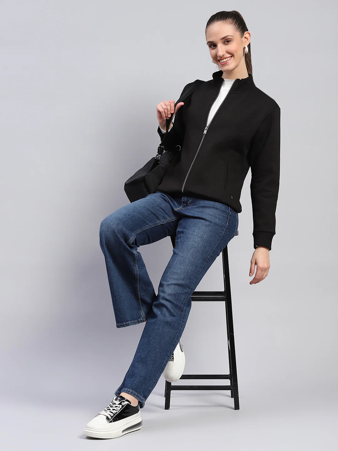 Women Black Solid Mock Neck Full Sleeve Sweatshirt - Image 2