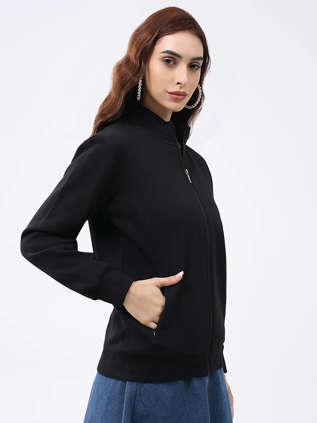 Women Black Solid Mock Neck Full Sleeve Sweatshirt - Image 4