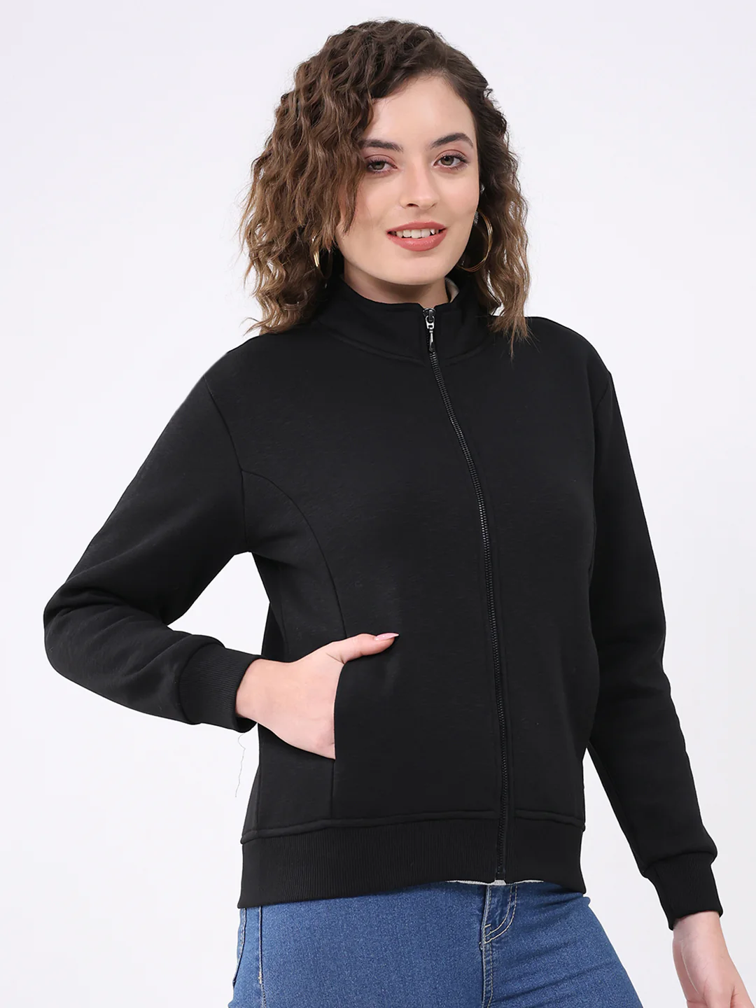 Women Black Solid Mock Neck Full Sleeve Sweatshirt - Image 4