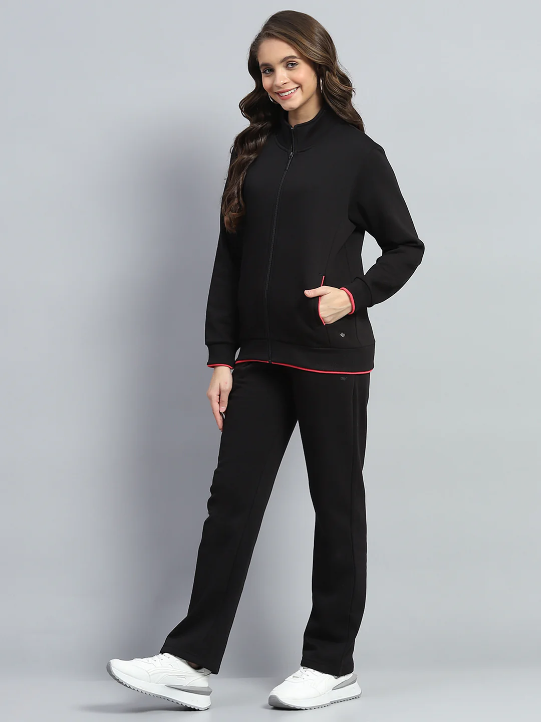 Women Black Solid Mock Neck Full Sleeve Winter Tracksuit - Image 3