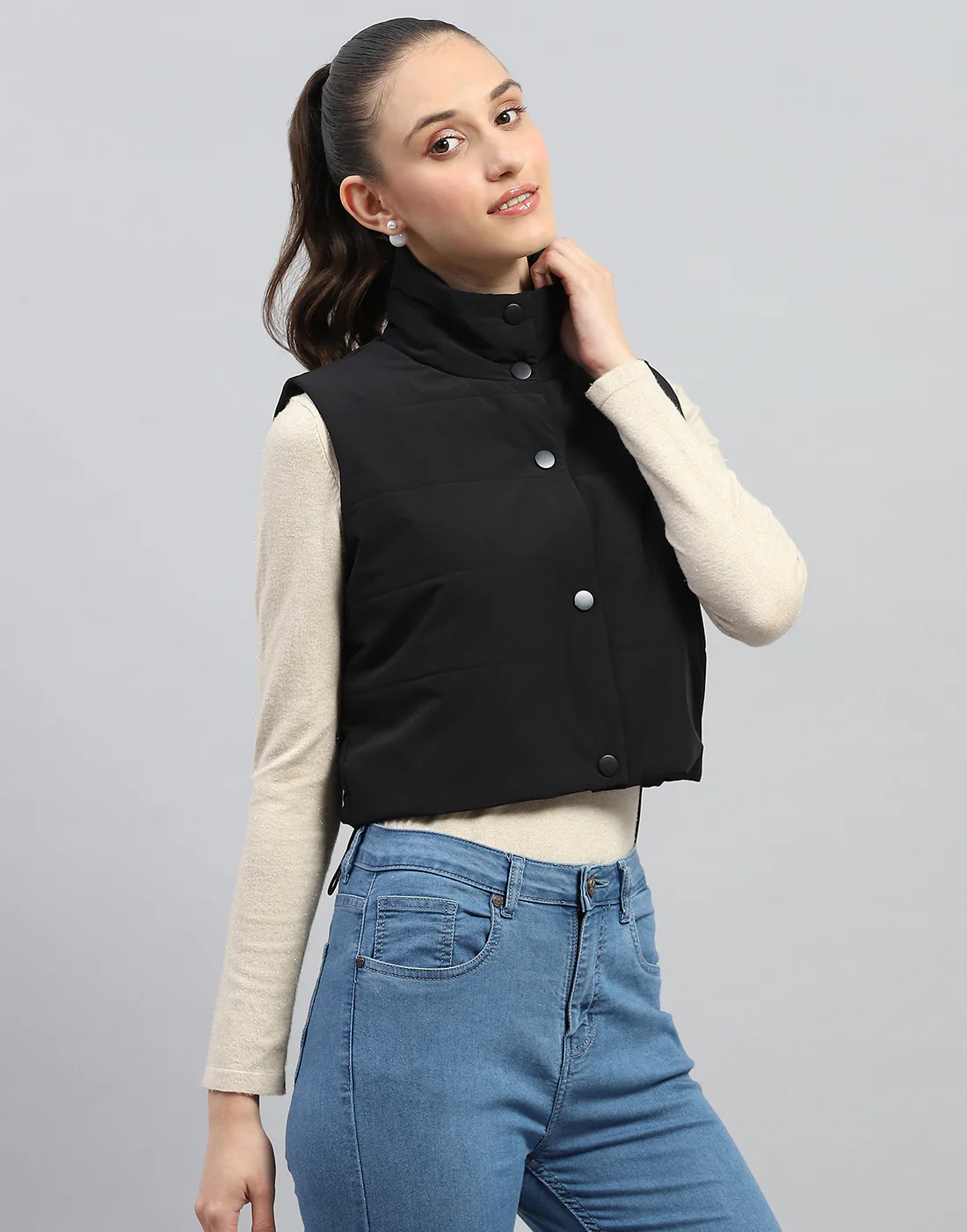 Rock.it Women Black Solid Mock Neck Sleeveless Jacket - Image 4