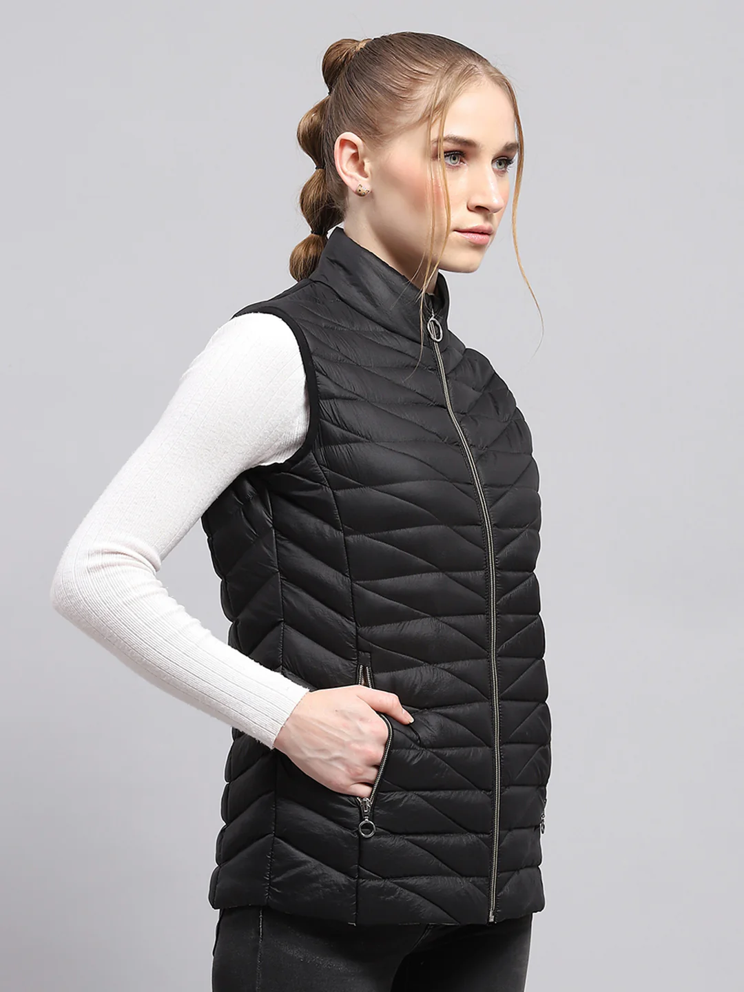 Women Black Solid Mock Neck Sleeveless Jacket - Image 4