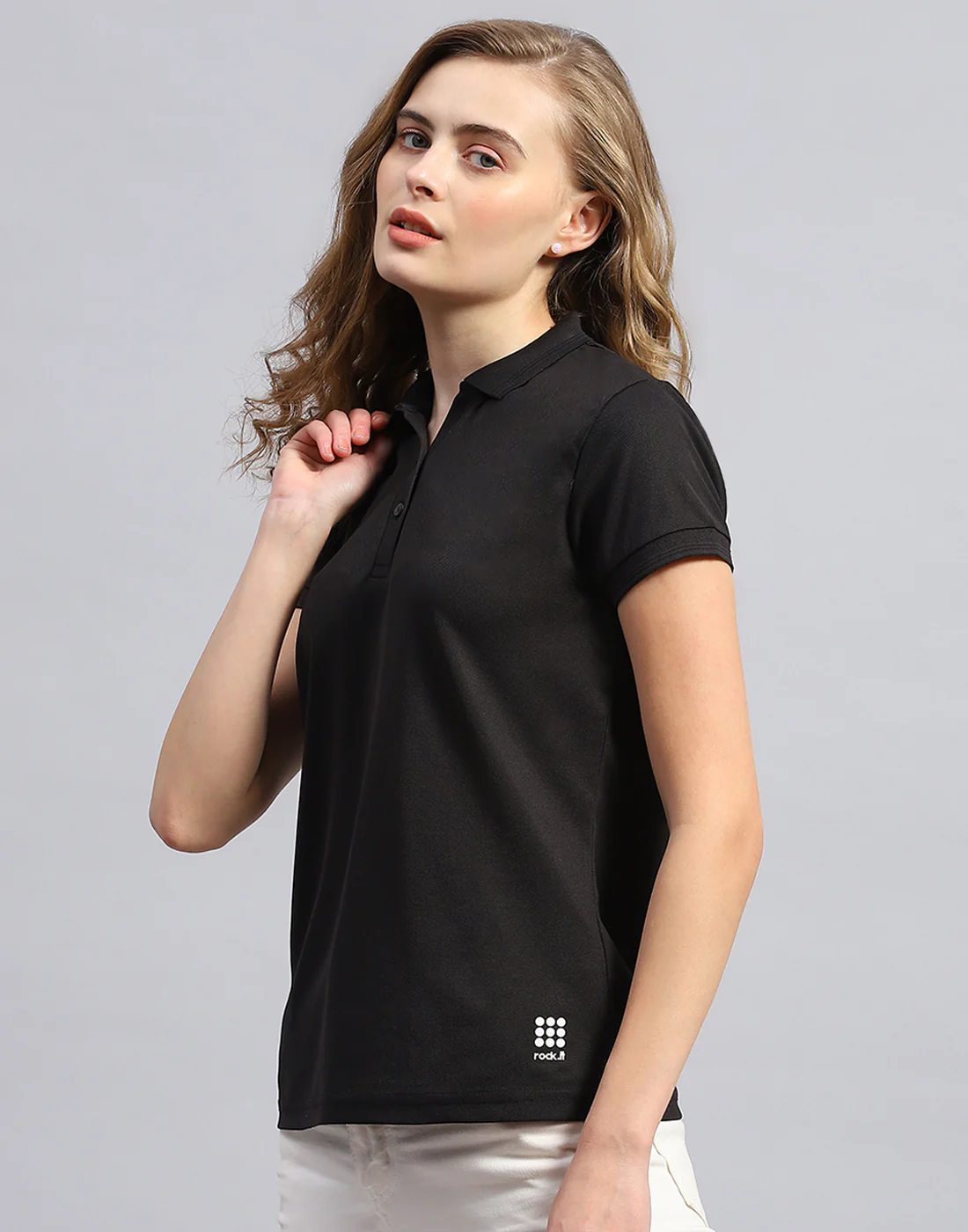 Rock.it Women Black Solid Polo Collar Half Sleeve T-Shirt - Image 3