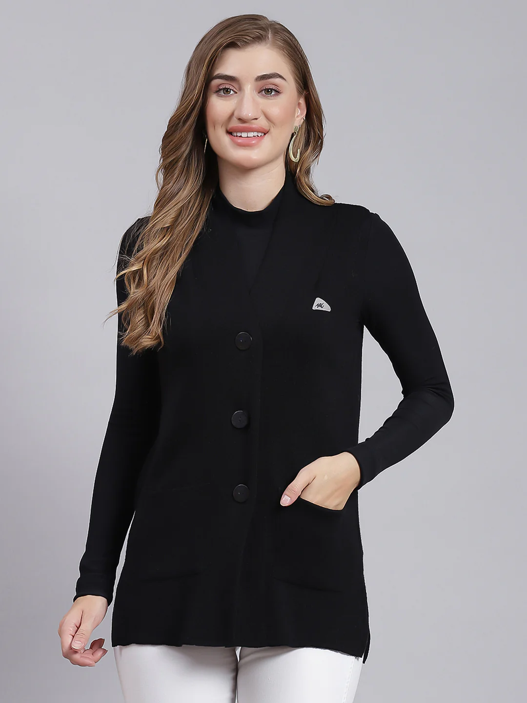 Women Black Solid Pure wool Cardigan - Image 2