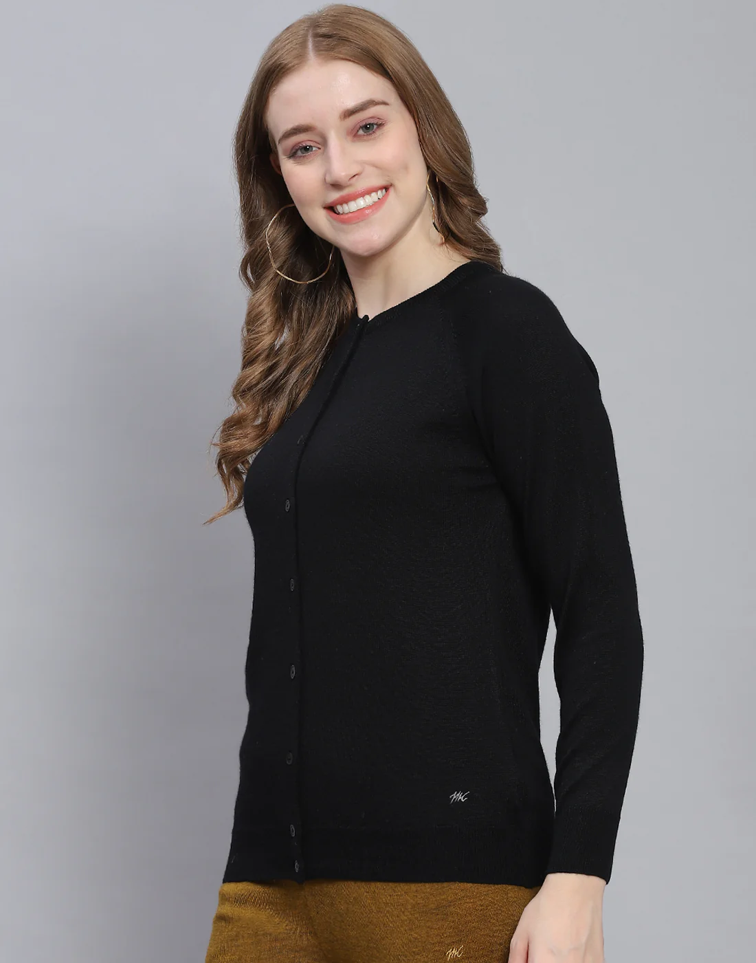 Women Black Solid Round Neck Full Sleeve Cardigan - Image 3