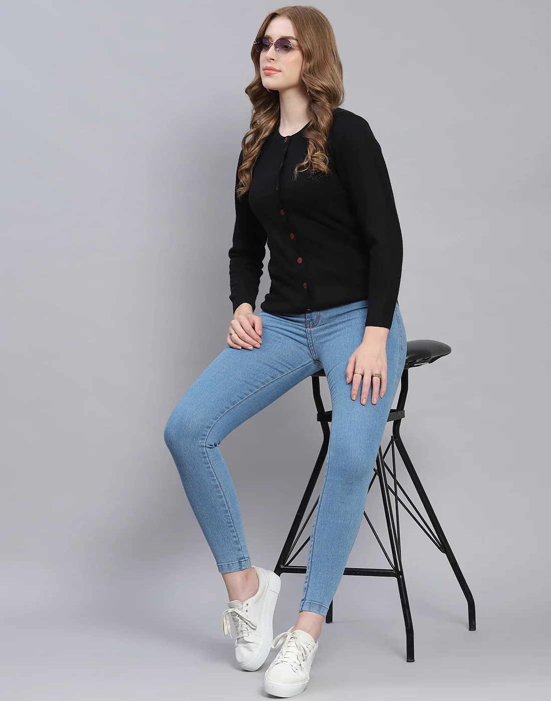 Women Black Solid Round Neck Full Sleeve Cardigan - Image 2