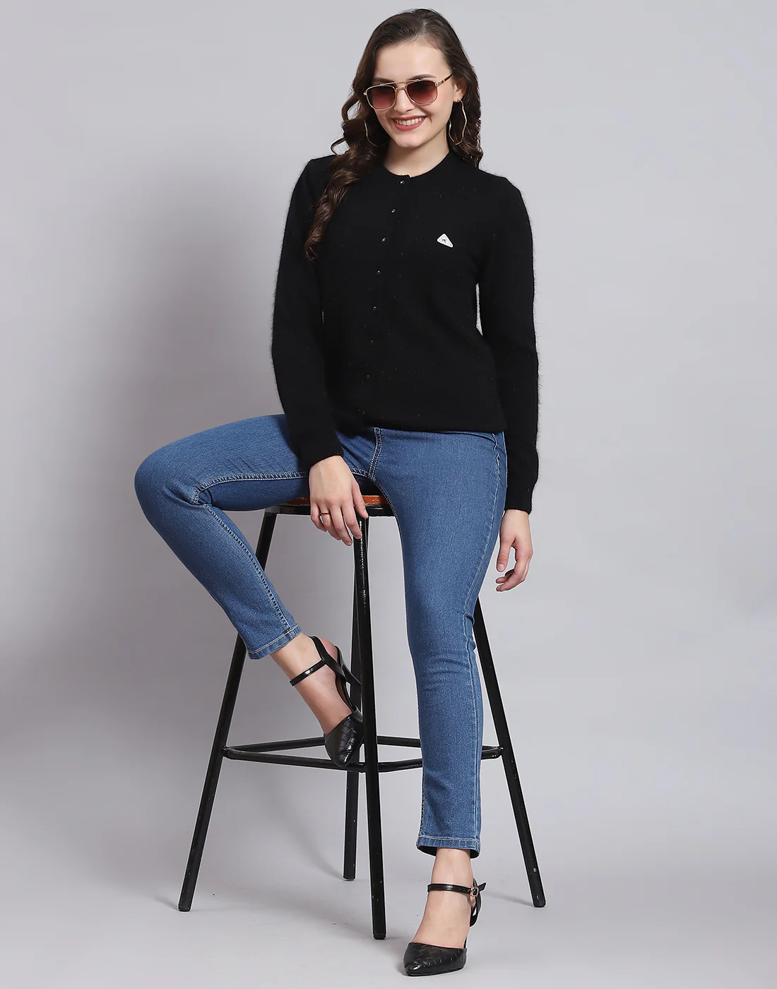 Women Black Solid Round Neck Full Sleeve Cardigan - Image 3